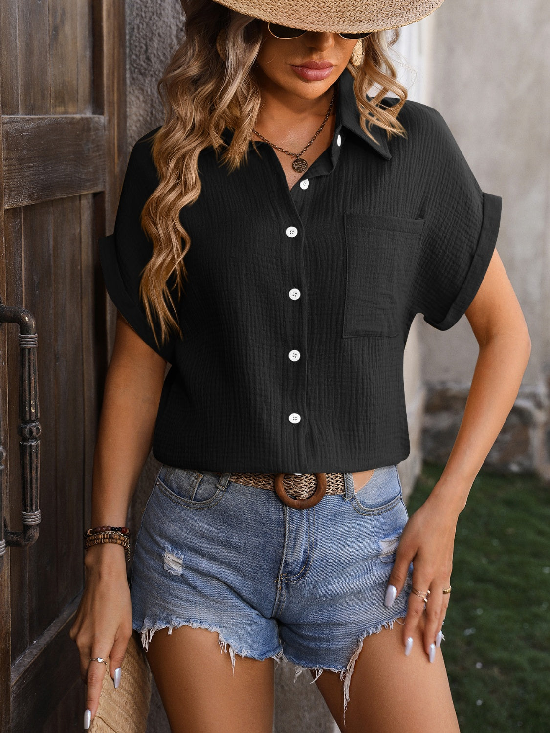 Textured Pocketed Button Up Shirt