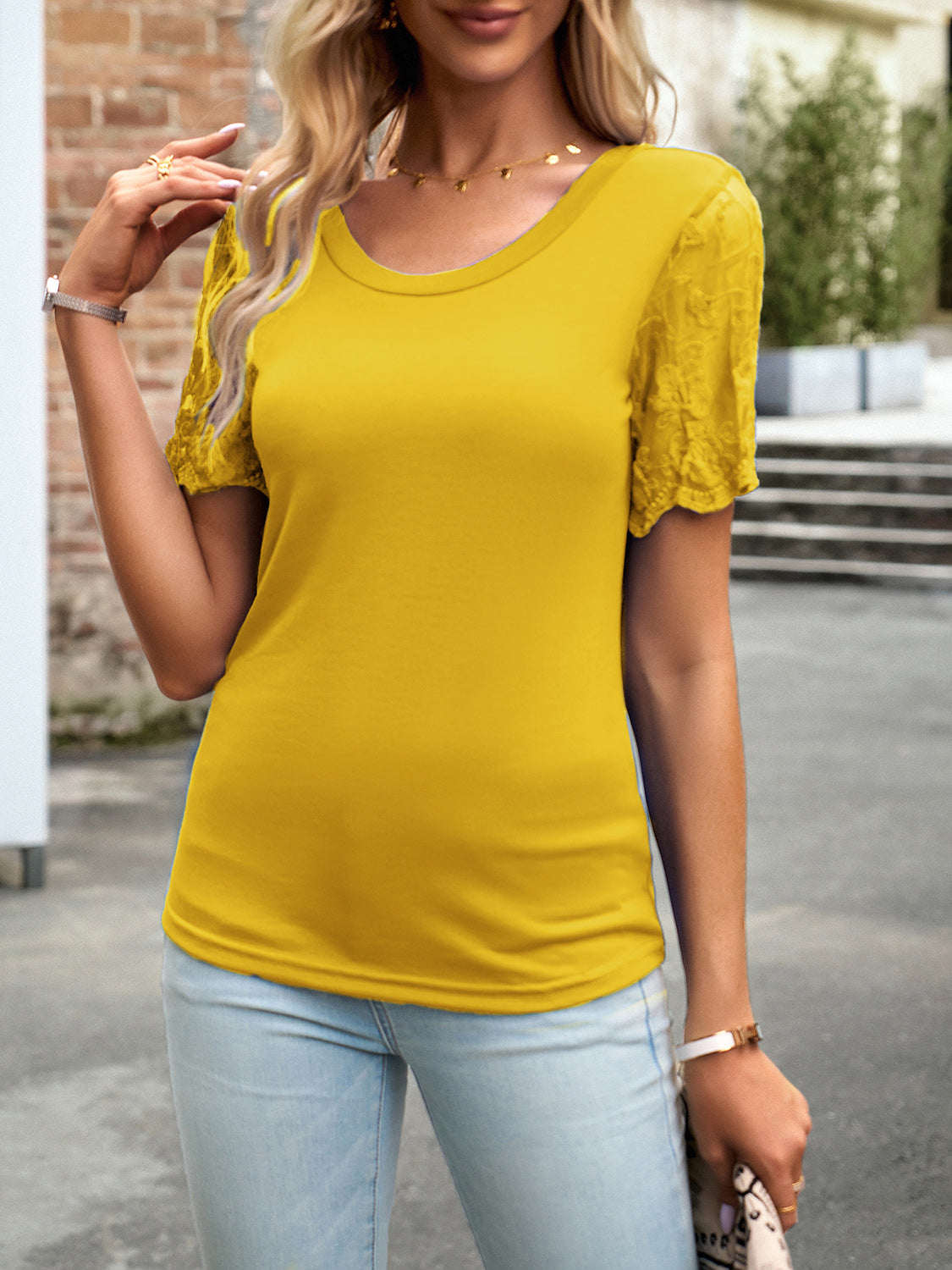 Lace Detail Round Neck Short Sleeve T-Shirt Yellow