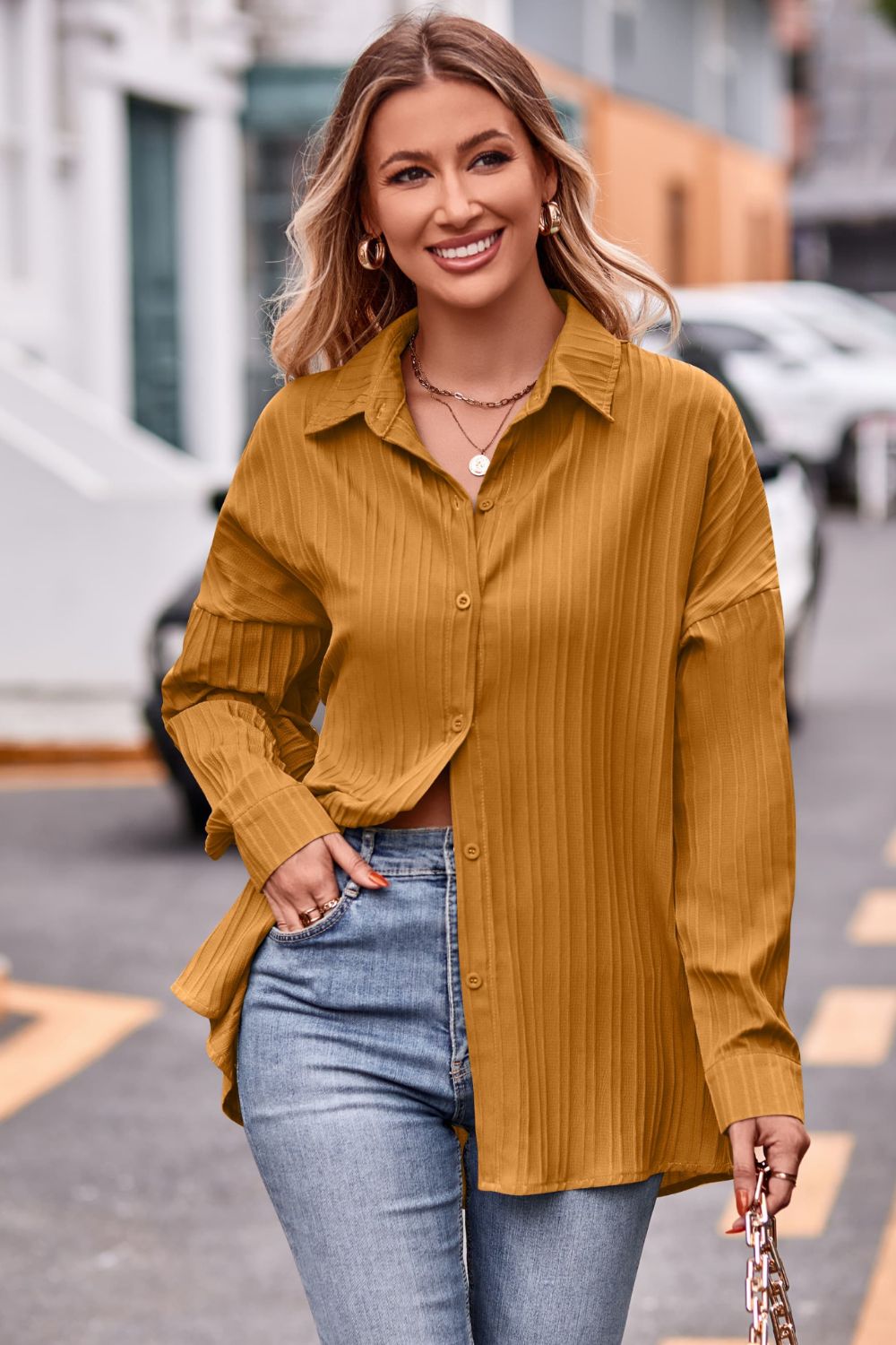 Slit Dropped Shoulder Longline Shirt Mustard