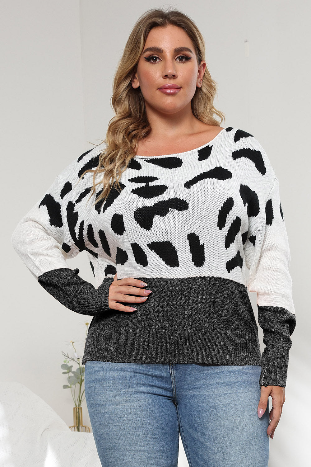 Plus Size Leopard Round Neck Long Sleeve Sweater Black