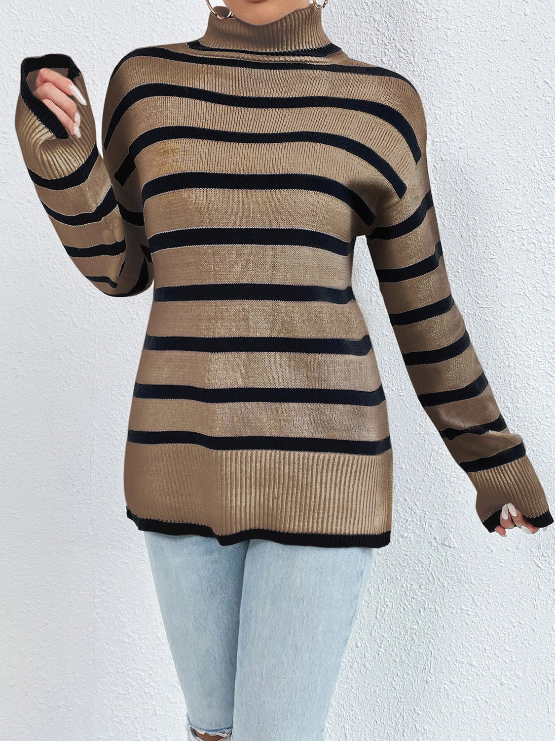 Striped Turtleneck Long Sleeve Sweater – Cozy and Stylish Knitwear for Fall & Winter Chestnut