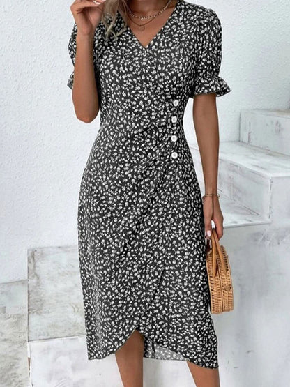 Full Size Printed Surplice Flounce Sleeve Midi Dress Black