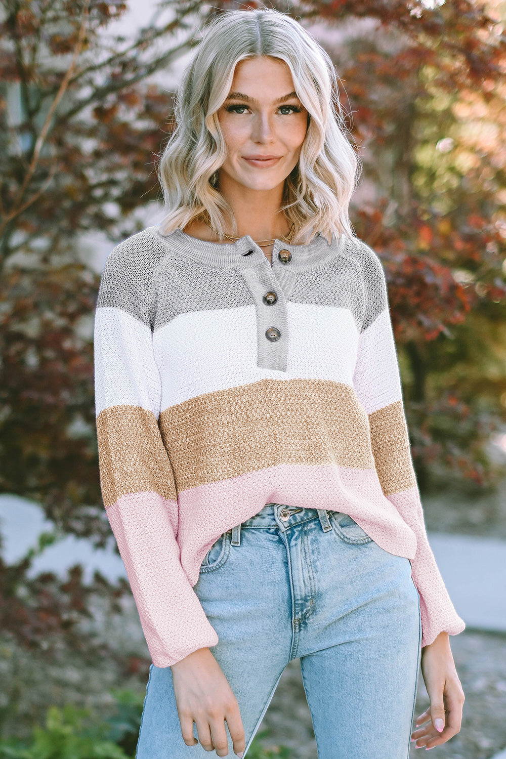 Round Neck Buttoned Long Sleeve Sweater White