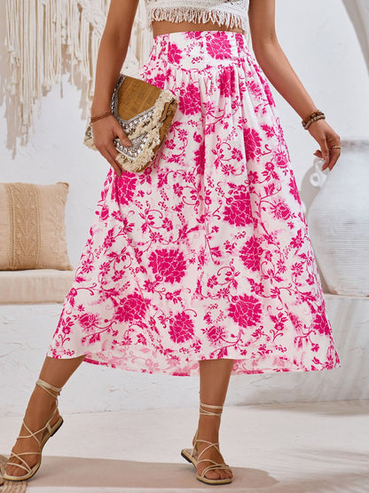 Printed Elastic Waist Midi Skirt Fuchsia Pink