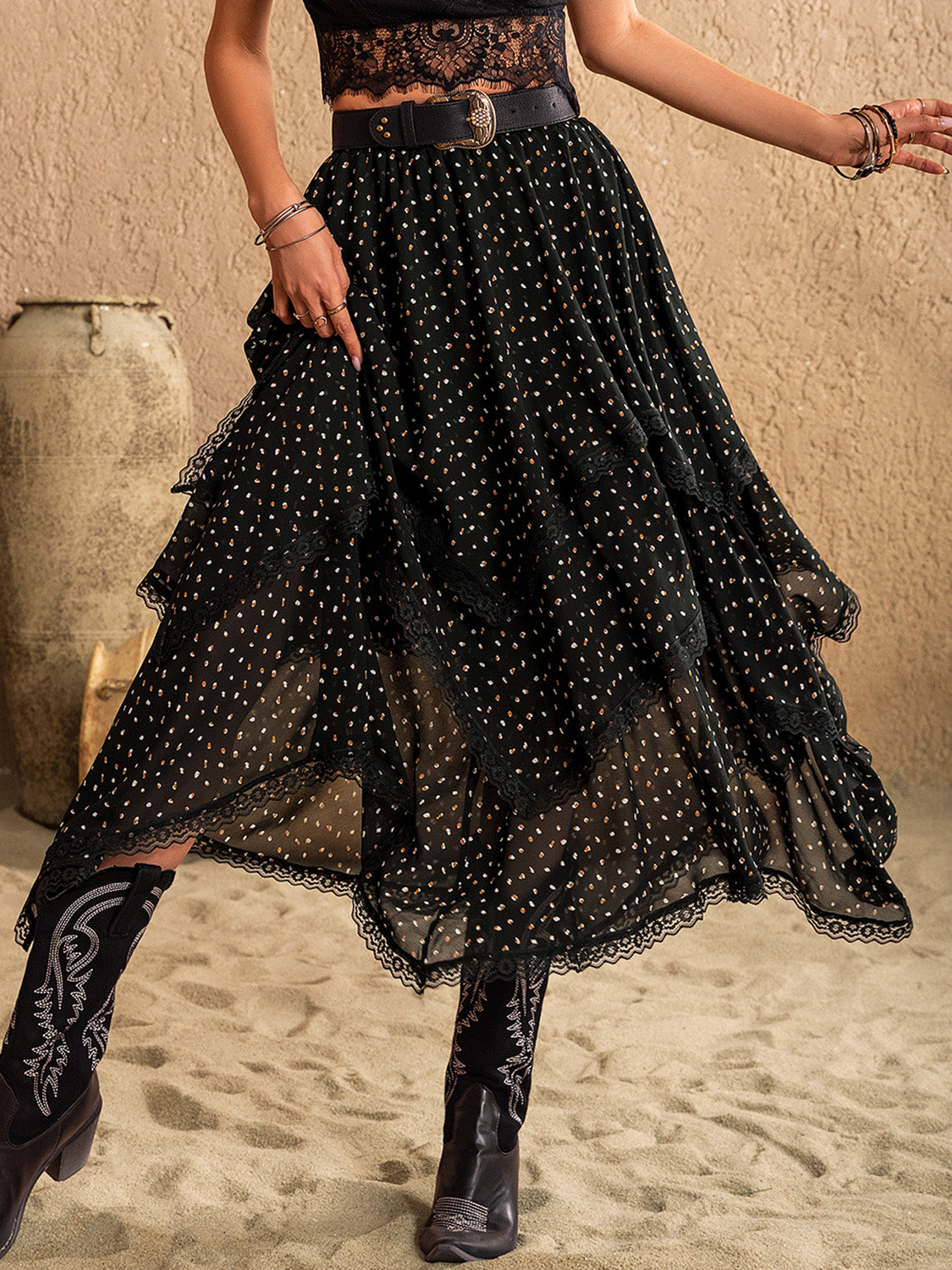 Lace Detail Layered Midi Skirt Black