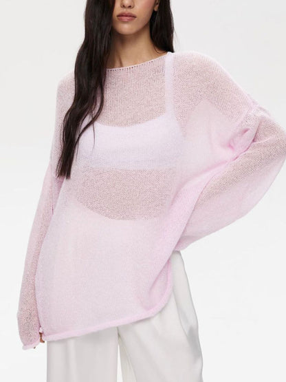 Boat Neck Long Sleeve Knit Cover Up Blush Pink