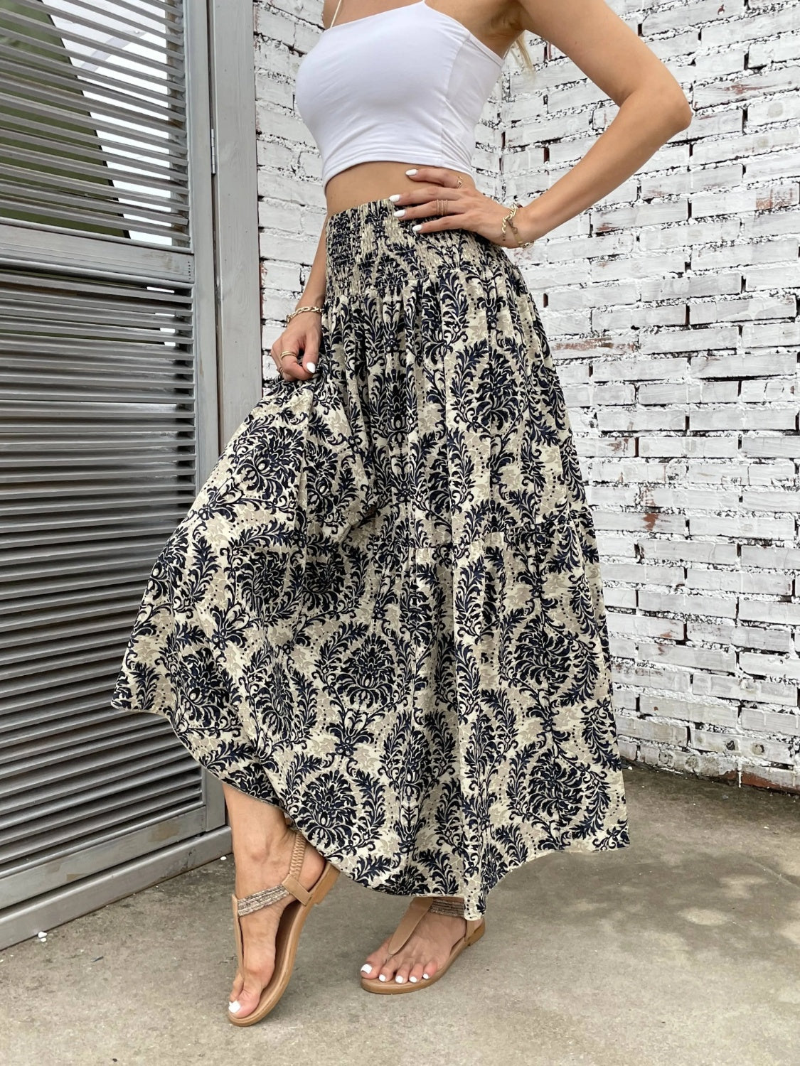 Printed Elastic Waist Maxi Skirt - Thandynie