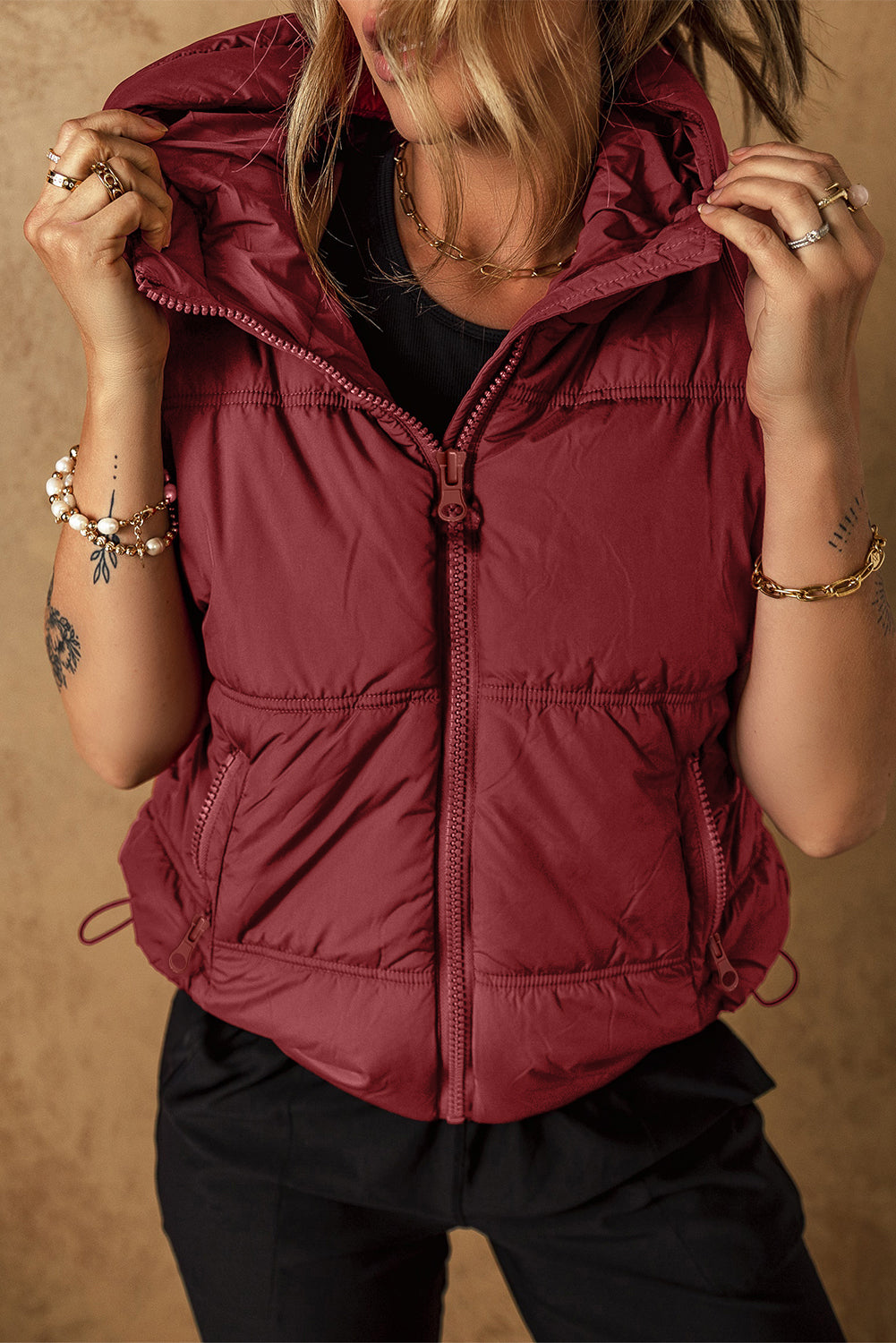 Clay Zip-up Side Pockets Hooded Puffer Vest Clay 100%Polyamide