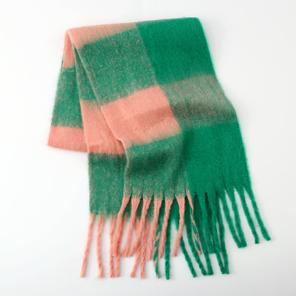 Fringe Contrast Plaid Polyester Scarf Green One Size