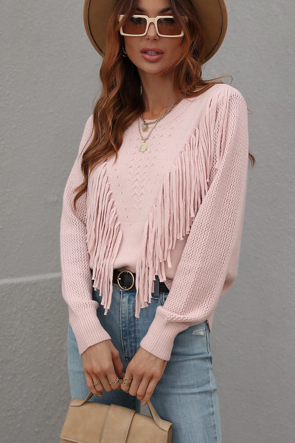 Fringe Detail Ribbed Trim Sweater