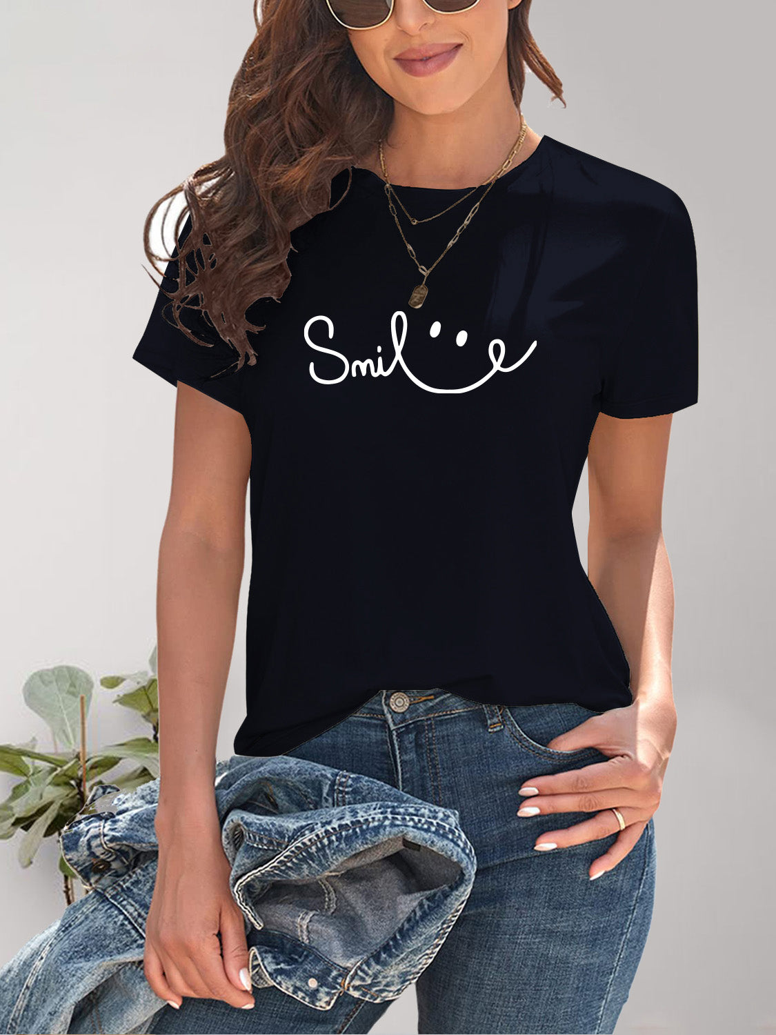 SMILE Round Neck Short Sleeve T-Shirt Dark Blue