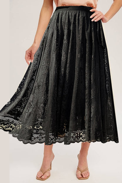 Lace High Waist Midi Skirt Black