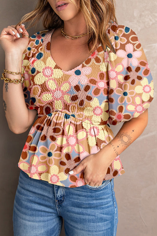 Smocked Printed V-Neck Half Sleeve Blouse Multicolor