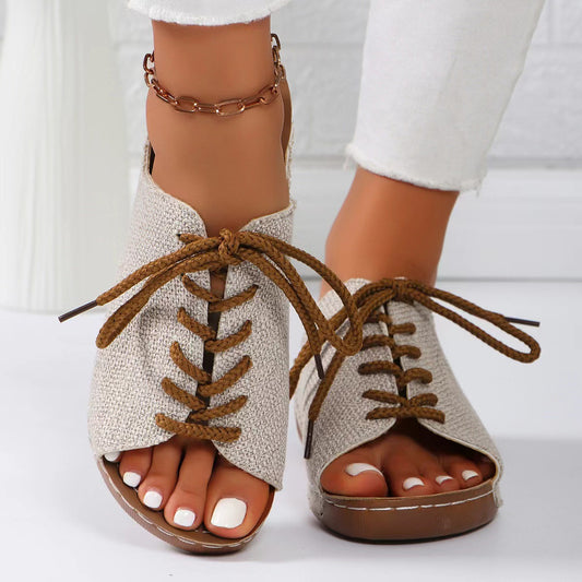 Lace-Up Open Toe Wedge Sandals Beige