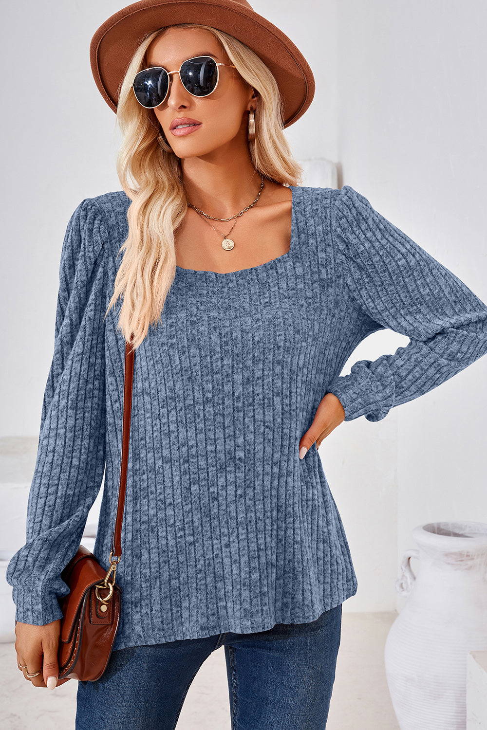 Ribbed Square Neck Long Sleeve T-Shirt Dusty Blue