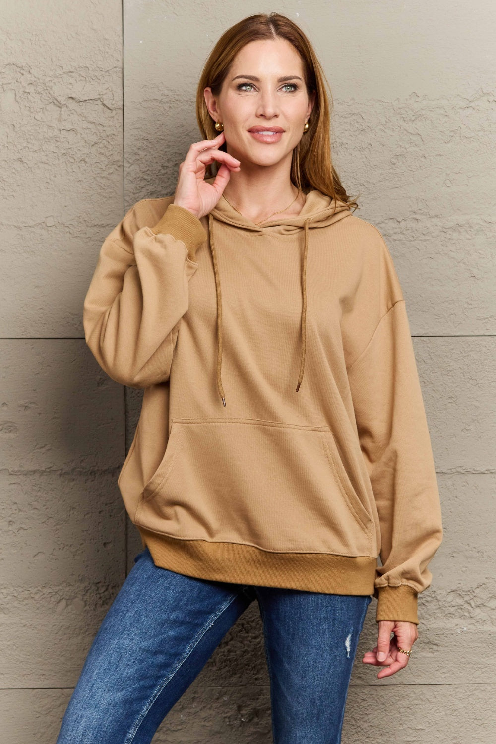 Full Size Long Sleeve Dropped Shoulder Hoodie Camel