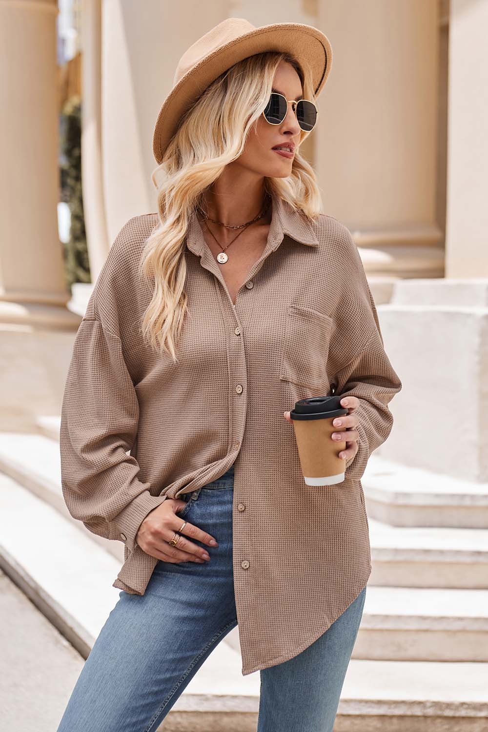 Collared Neck Dropped Shoulder Shirt Mocha