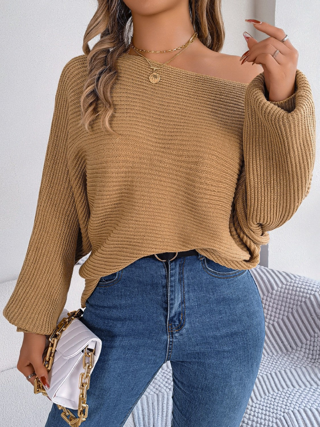 One-Shoulder Lantern Sleeve Sweater Khaki