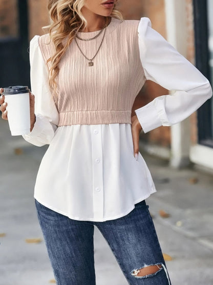 Contrast Round Neck Puff Sleeve Blouse Blush Pink