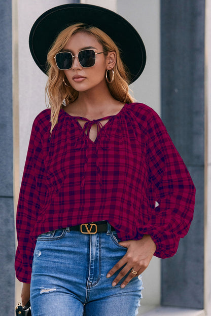 Plaid Tie Neck Balloon Sleeve Blouse