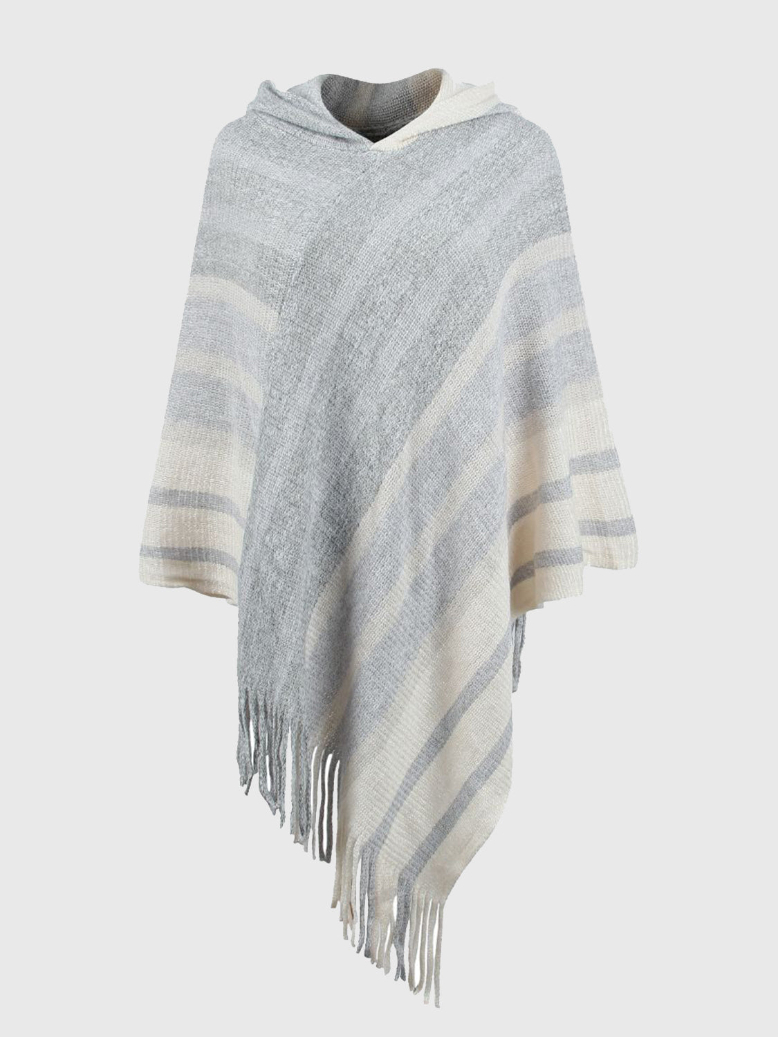 Striped Fringe Hem Hooded Poncho - Thandynie