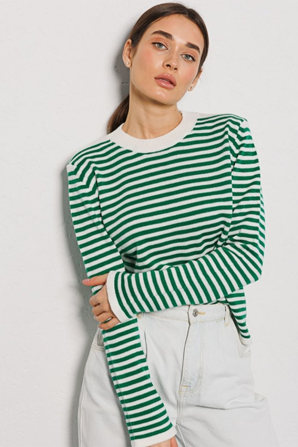 Striped Round Neck Long Sleeve Sweater Green