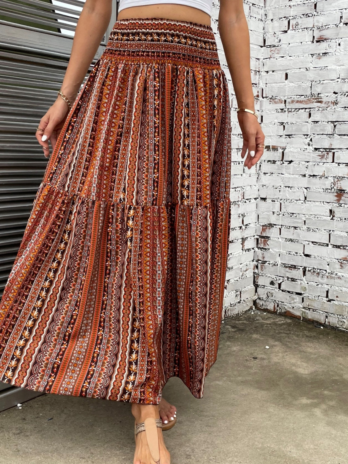 Printed Elastic Waist Maxi Skirt - Thandynie