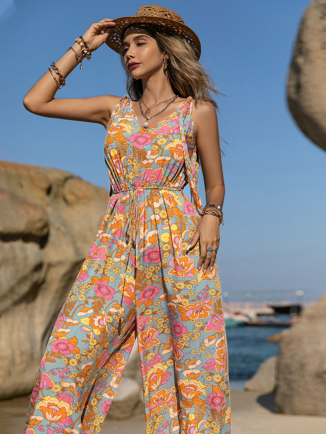 V-Neck Wide Leg Jumpsuit Floral