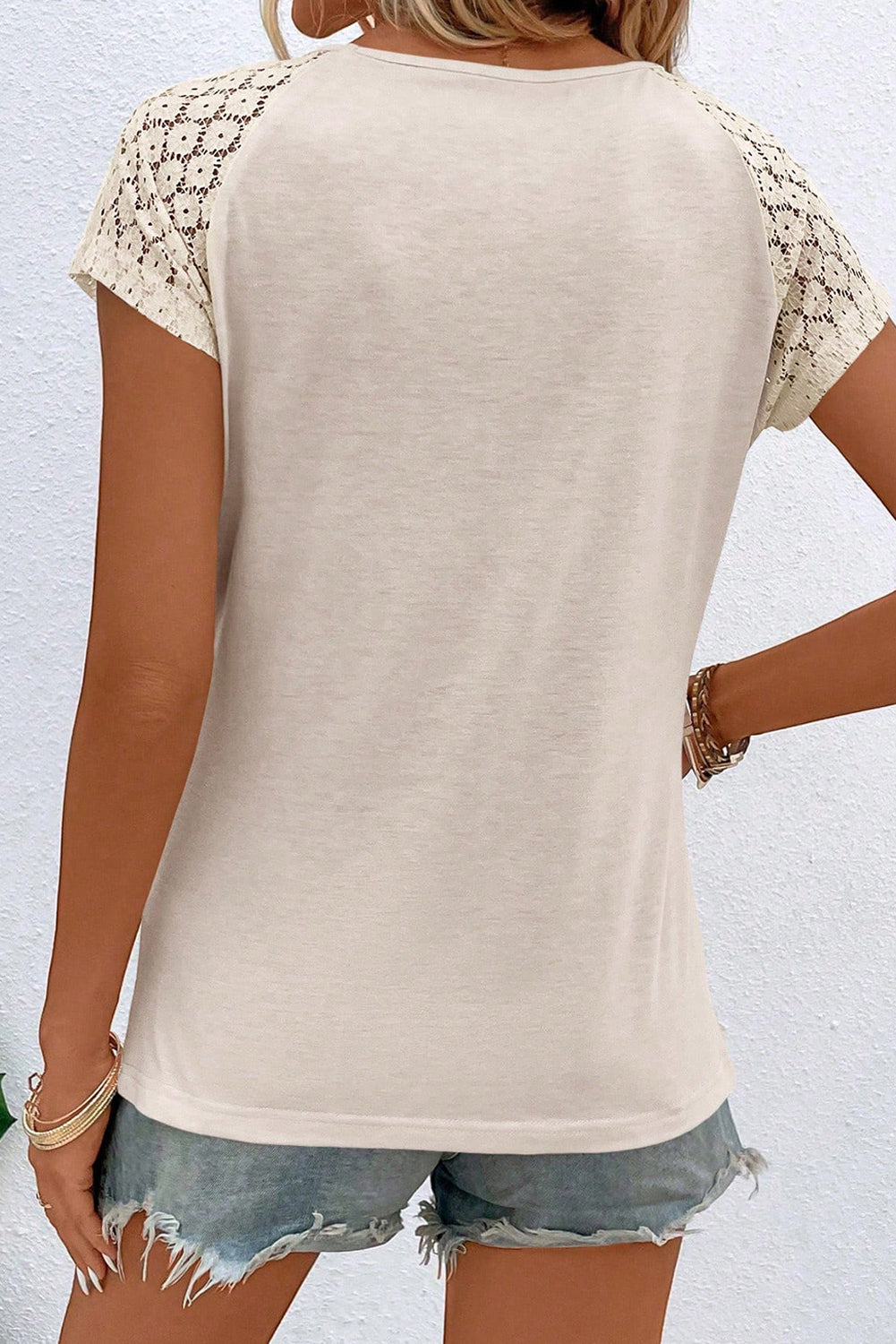 Cutout Round Neck Lace Short Sleeve T-Shirt