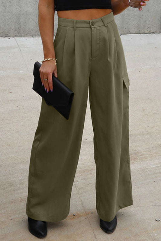 Ruched Wide Leg Pants with Pockets Army Green
