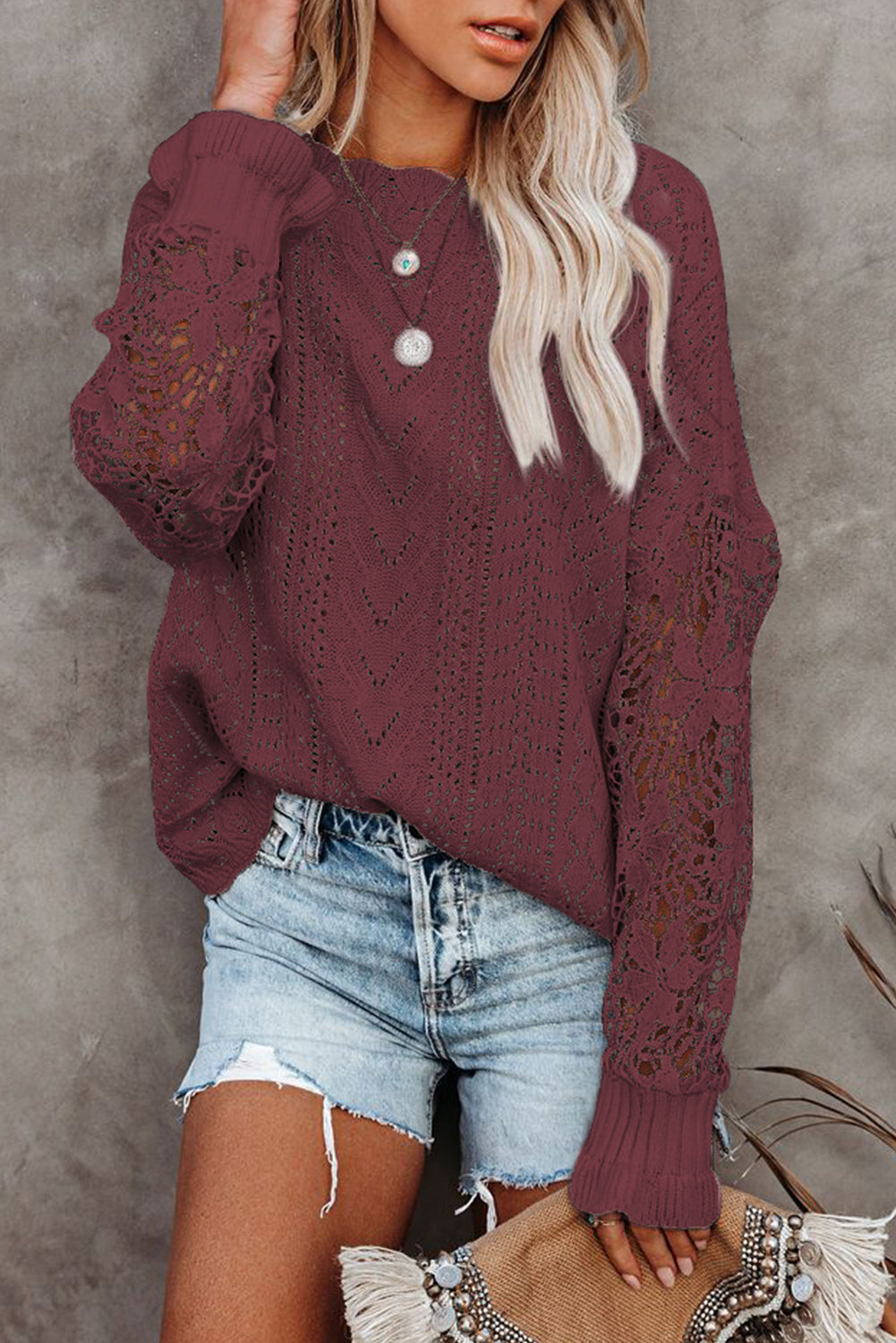 Openwork Lantern Sleeve Dropped Shoulder Sweater Burgundy