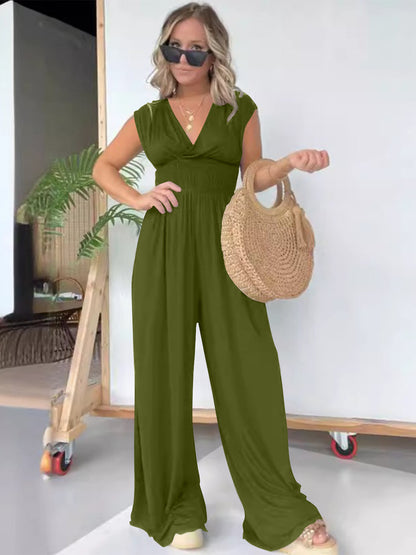 Smocked Cap Sleeve Wide Leg Jumpsuit Matcha Green