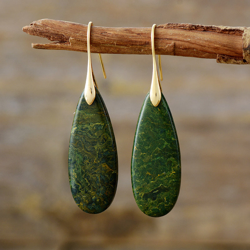 Natural Stone Waterdrop Shape Earrings Gold Green One Size