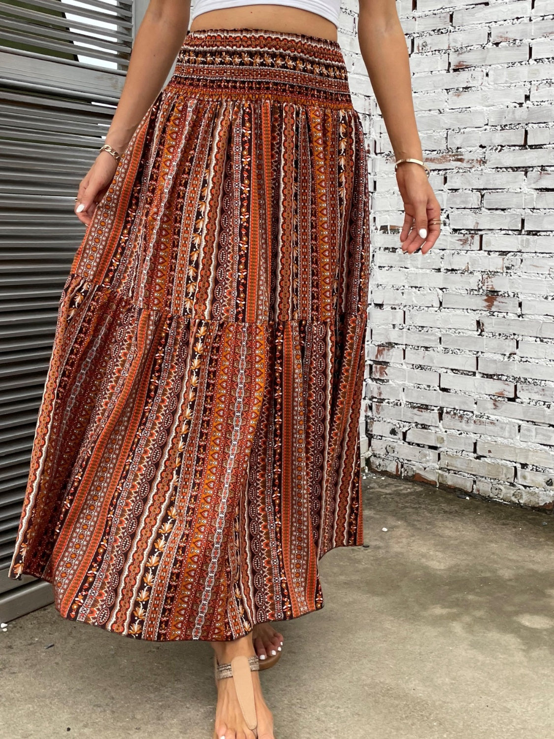 Printed Elastic Waist Maxi Skirt - Thandynie