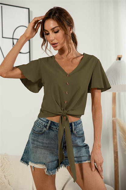 Decorative Button V-Neck Tied Blouse Army Green