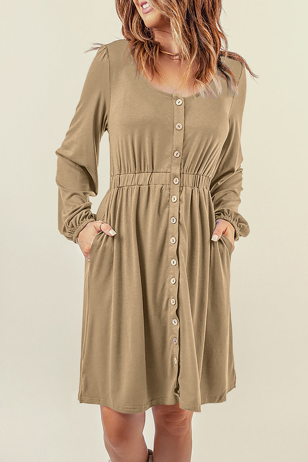 Khaki Button Up High Waist Long Sleeve Dress