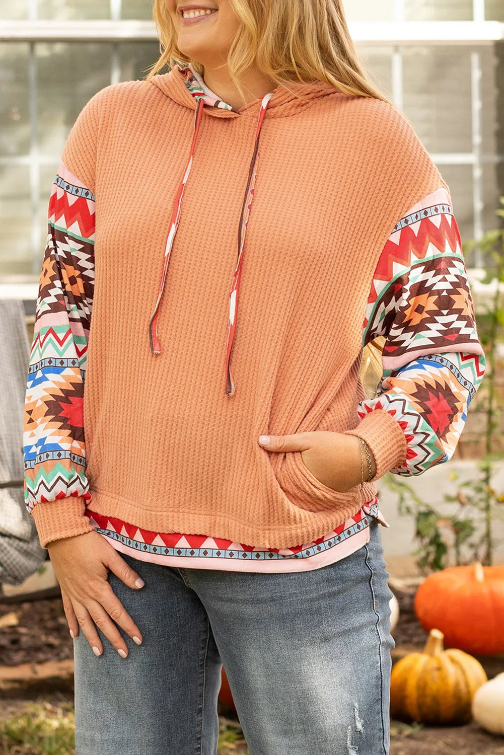 Plus Size Drawstring Geometric Long Sleeve Hoodie Sherbet