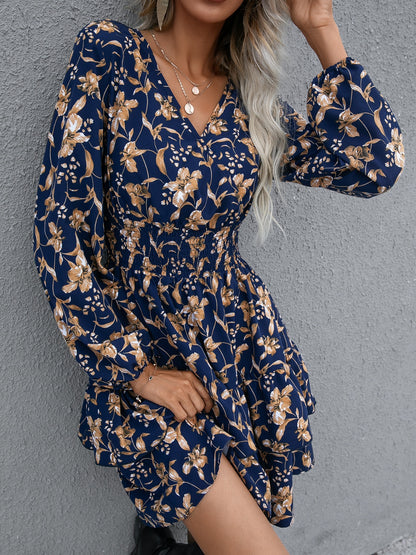 Floral Layered Surplice Balloon Sleeve Dress Dark Blue