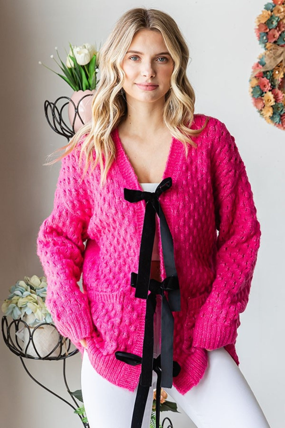 First Love Tie Closure Open Knit Cardigan Deep Rose