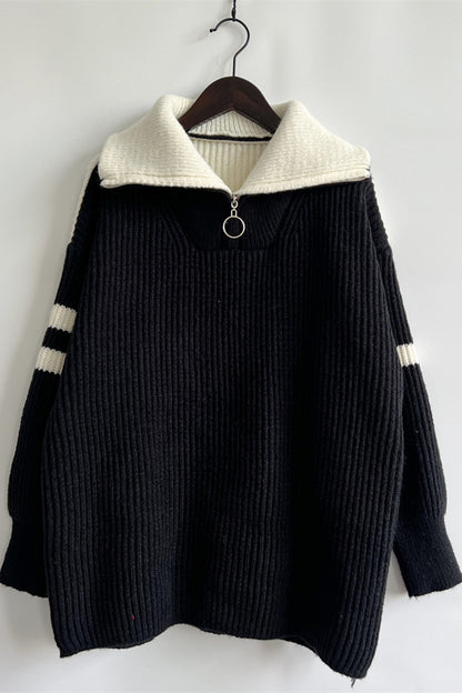 Quarter Zip Striped Dropped Shoulder Sweater