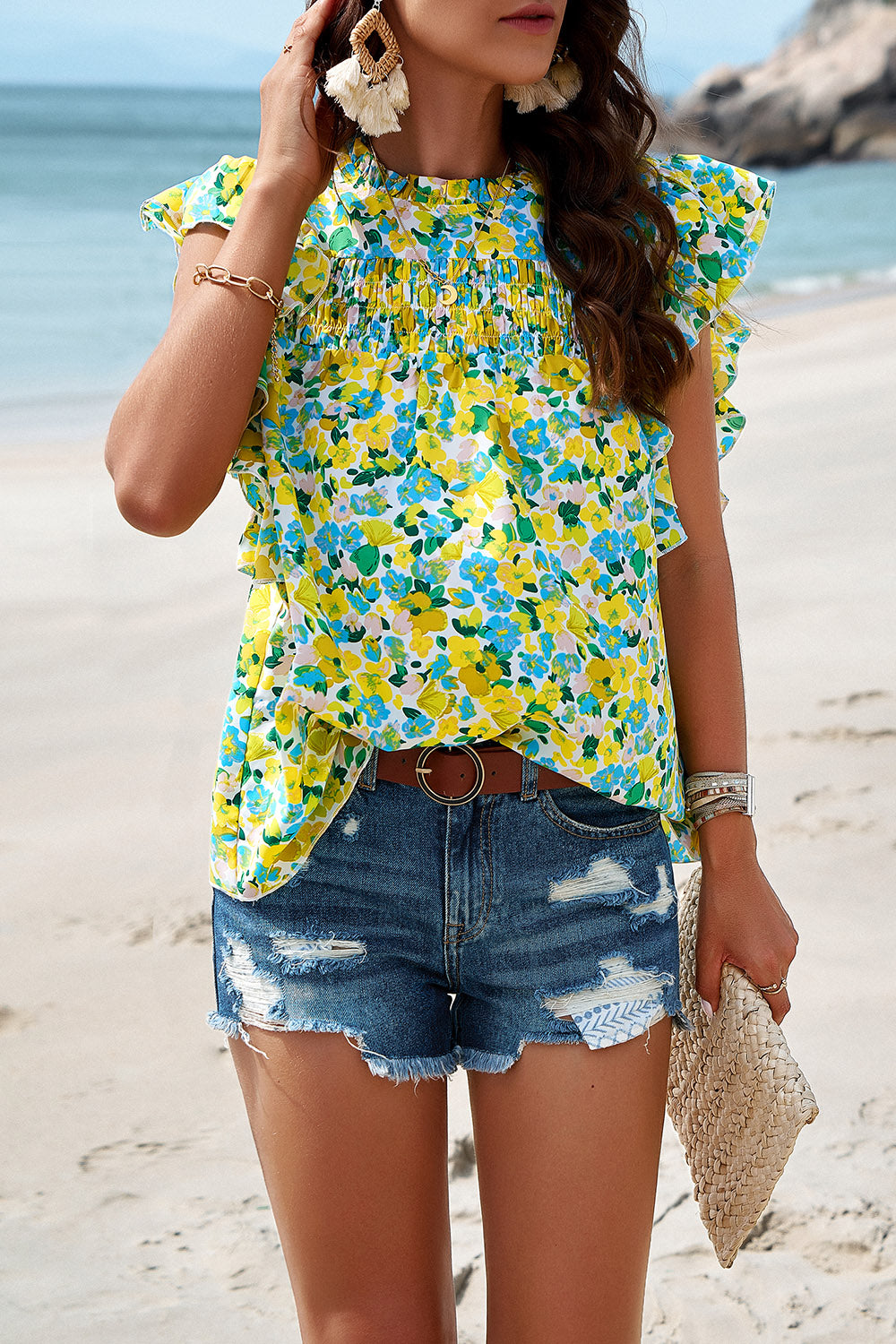 Smocked Printed Mock Neck Cap Sleeve Blouse