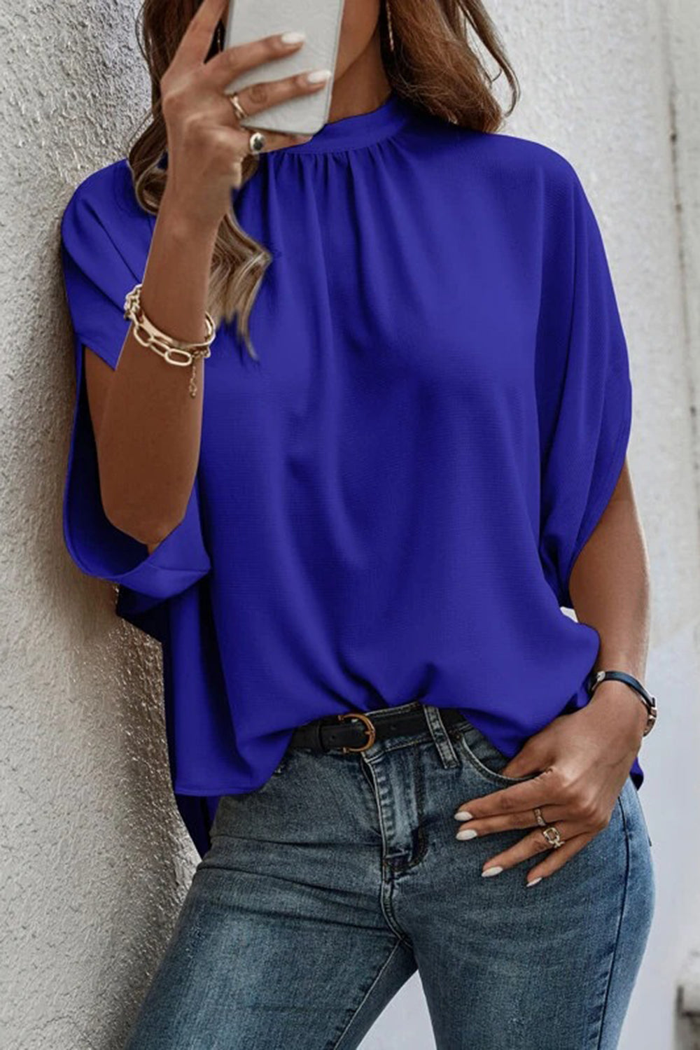 Tie Back Slit Half Sleeve Blouse Royal Blue