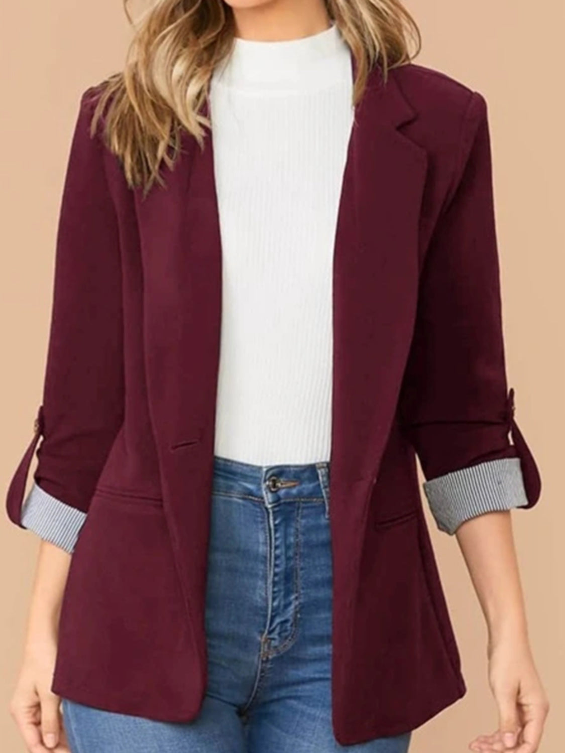 Lapel Collar Roll-Tab Sleeve Blazer Burgundy