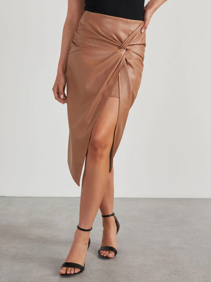 Twist Detail High Waist Skirt Tan