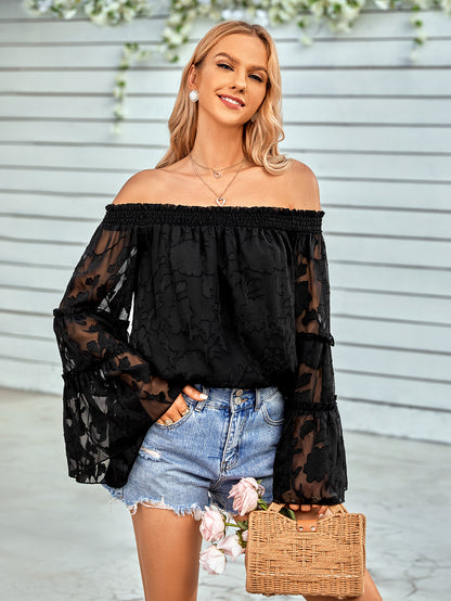 Applique Flounce Sleeve Off-Shoulder Blouse