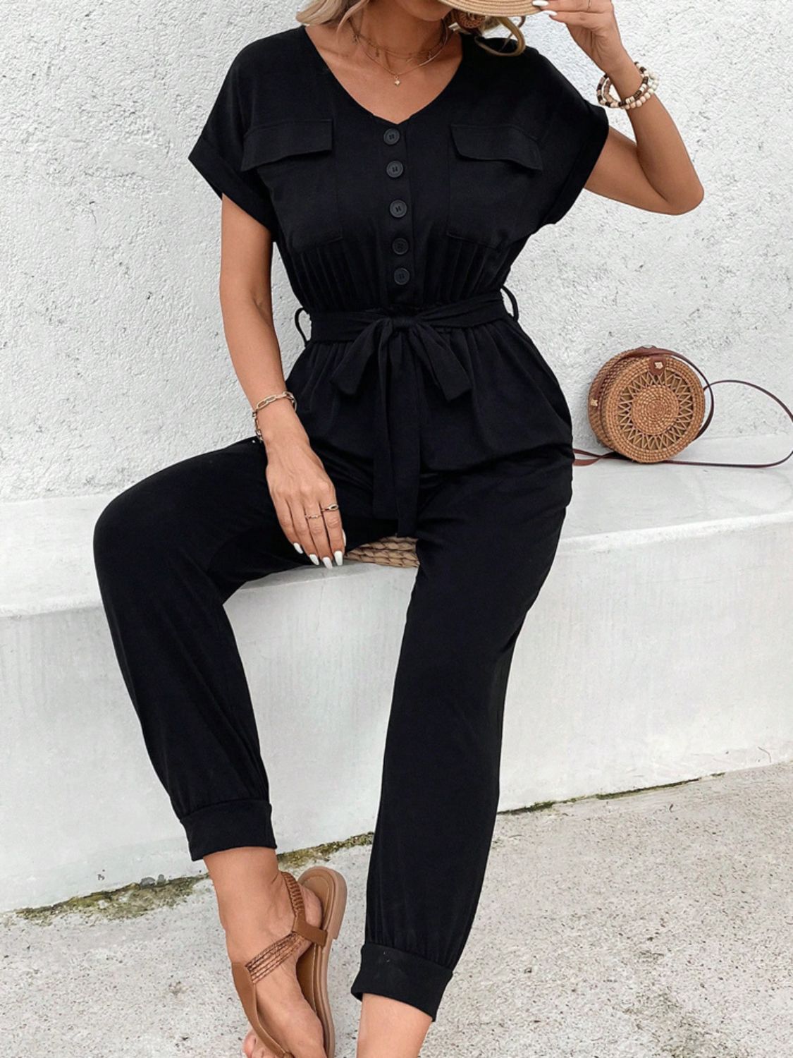 V-Neck Short Sleeve Jumpsuit