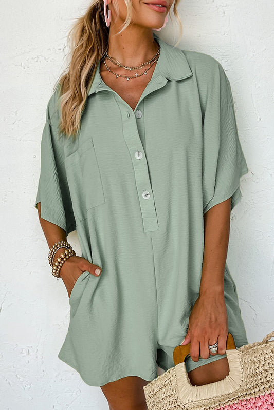 Spinach Green Half Button Collared Loose Romper Spinach Green 100%Polyester