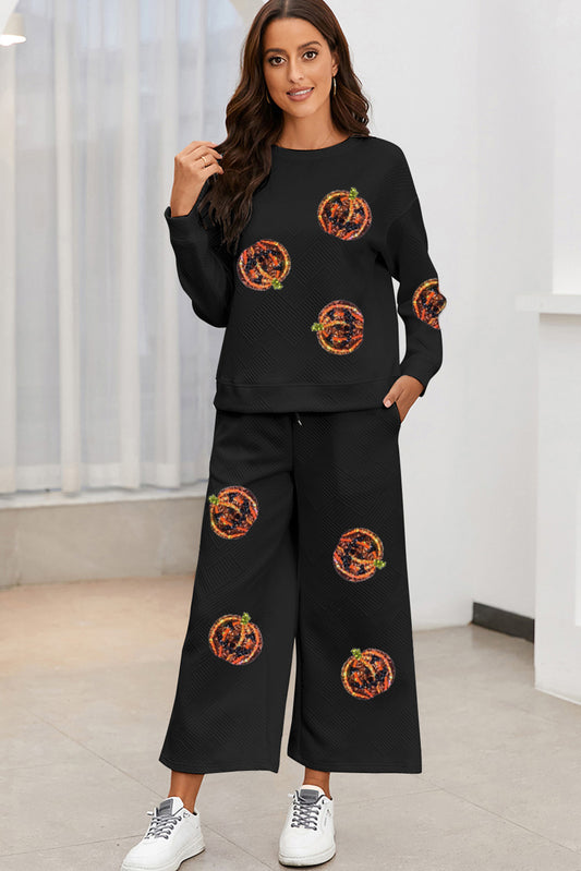 Sequin Patch Pumpkin Top and Pants Set Black