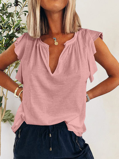 Ruffled Notched Cap Sleeve T-Shirt Dusty Pink