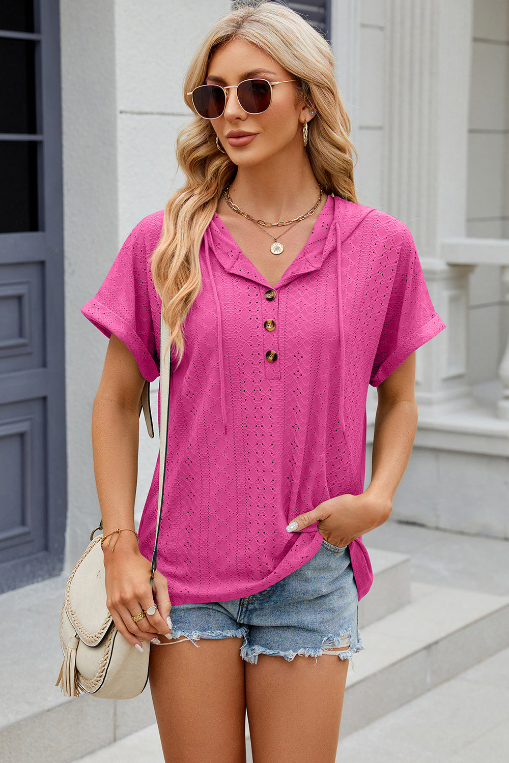 Eyelet Drawstring Hooded Short Sleeve Blouse Hot Pink